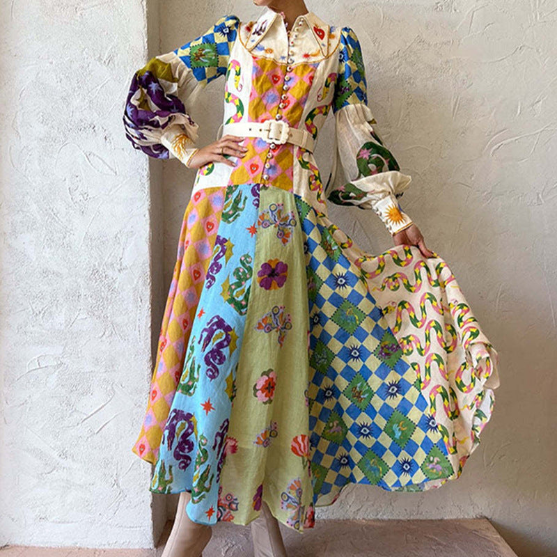 NOUVEAU RICHE Damen Maxikleid Langarm V Ausschnitt Elegantes Fließendes Design Mehrfarbig