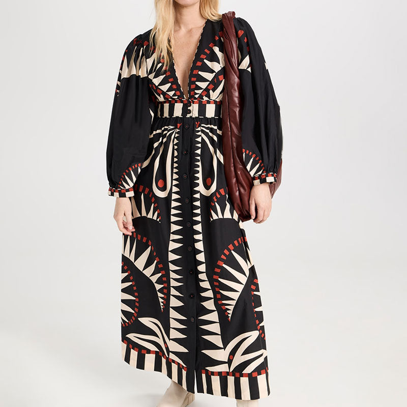 NOUVEAU RICHE Damen Maxikleid Langarm V Ausschnitt Elegantes Fließendes Design Schwarz