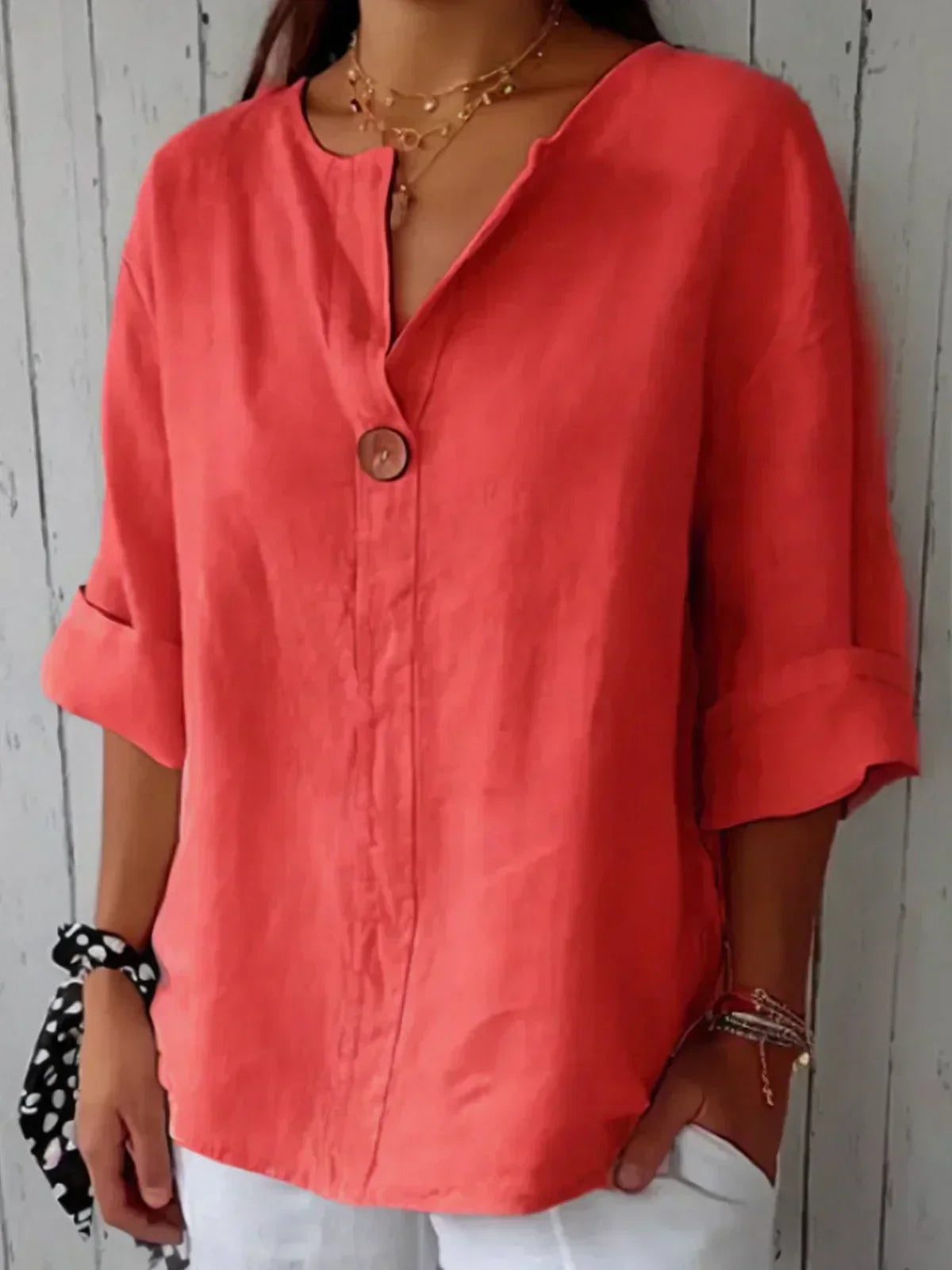 NOUVEAU RICHE Damen Sommerbluse Luftig Mit V Ausschnitt Und Knopfdetail Rot