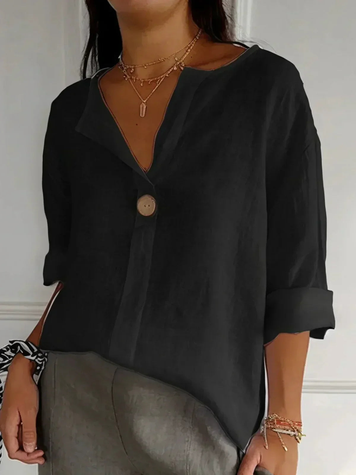 NOUVEAU RICHE Damen Sommerbluse Luftig Mit V Ausschnitt Und Knopfdetail Schwarz