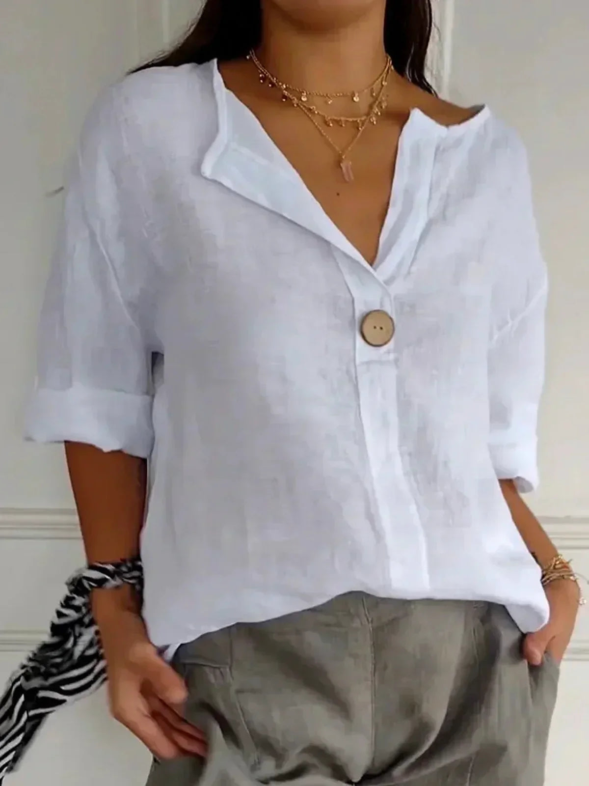 NOUVEAU RICHE Damen Sommerbluse Luftig Mit V Ausschnitt Und Knopfdetail Weiß