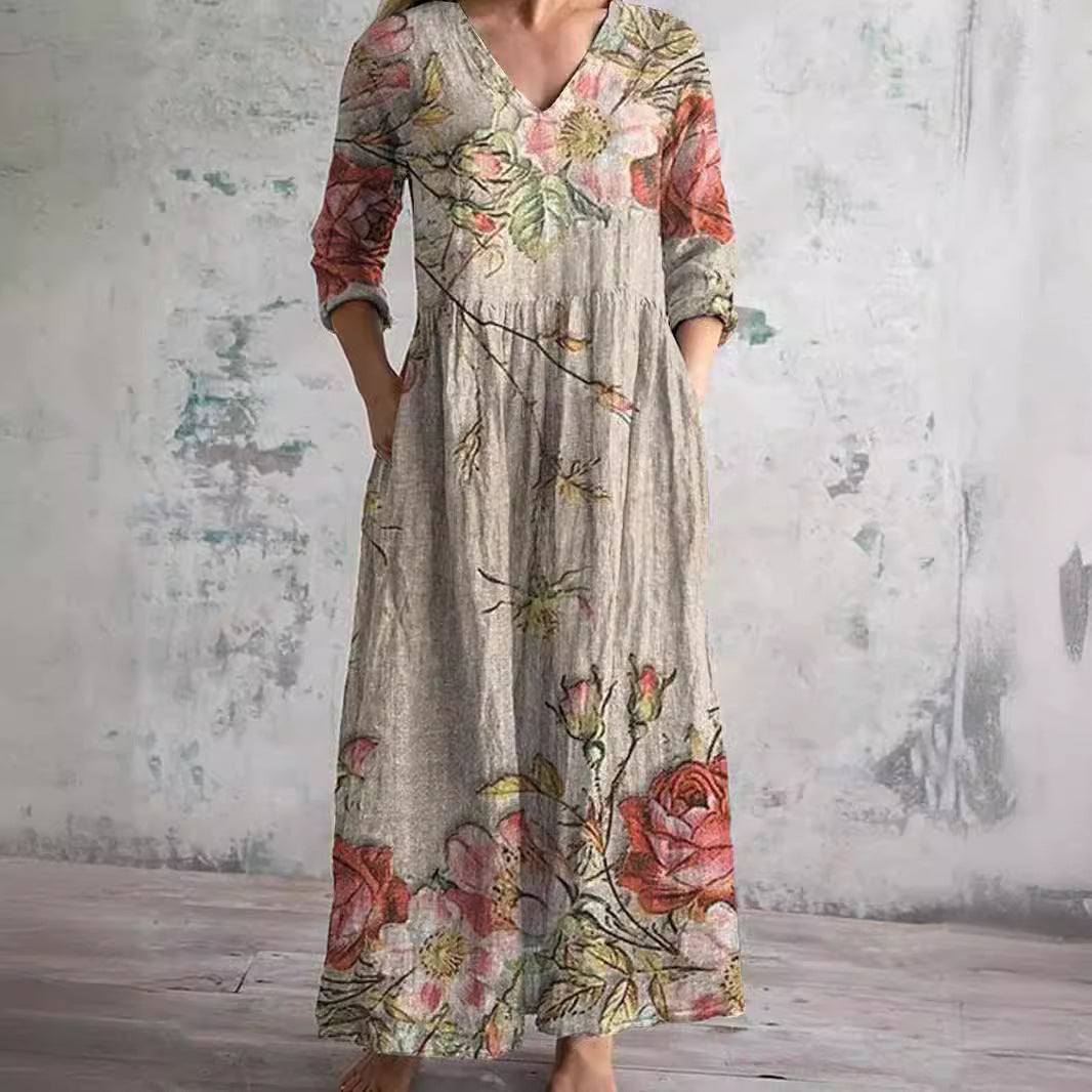 NOUVEAU RICHE Damen Sommerkleid Mit Leichtem V Ausschnitt Und Blumenmuster Beige