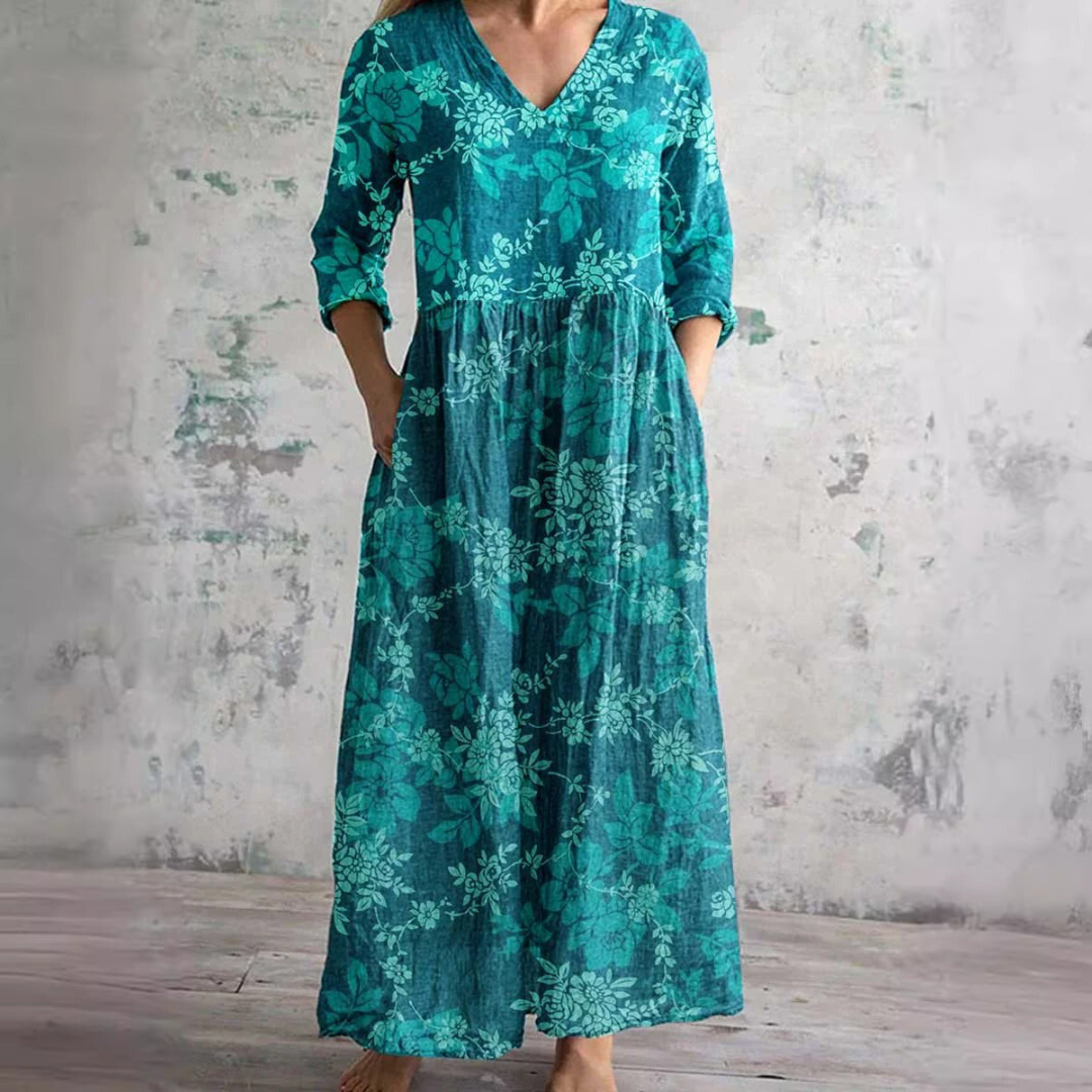 NOUVEAU RICHE Damen Sommerkleid Mit Leichtem V Ausschnitt Und Blumenmuster Blaugrün