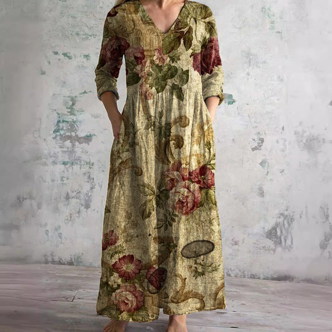 NOUVEAU RICHE Damen Sommerkleid Mit Leichtem V Ausschnitt Und Blumenmuster Dunkelbeige