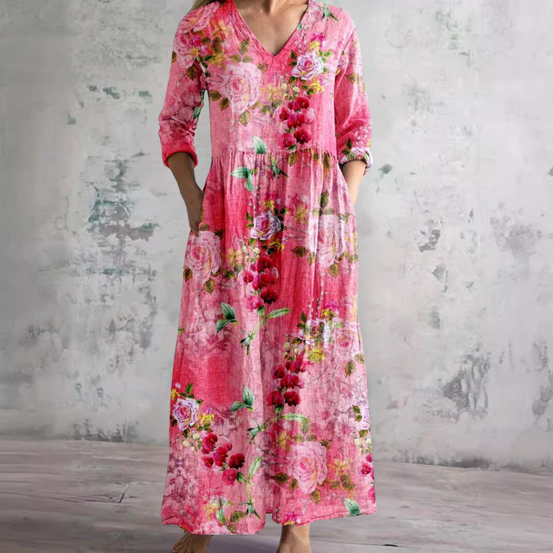 NOUVEAU RICHE Damen Sommerkleid Mit Leichtem V Ausschnitt Und Blumenmuster Fuchsia