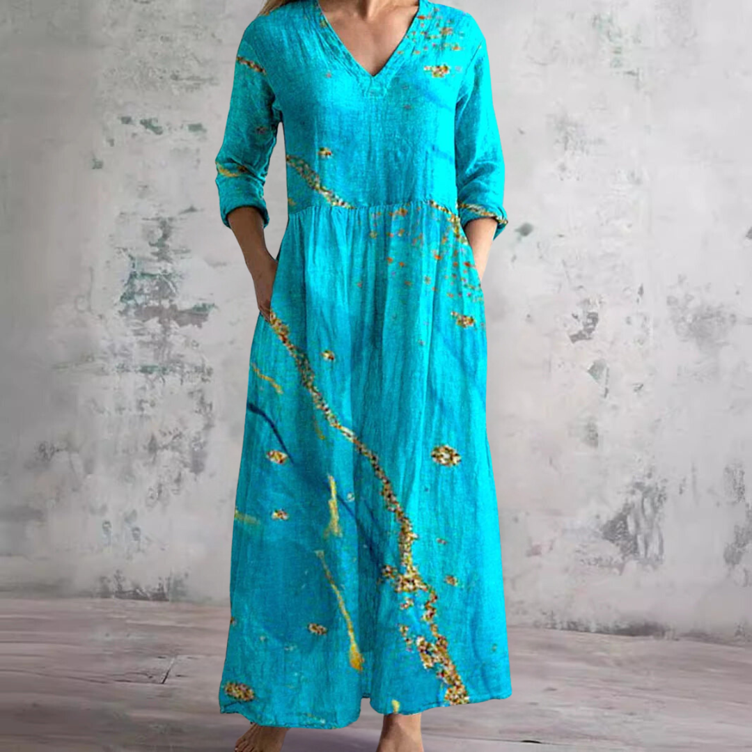 NOUVEAU RICHE Damen Sommerkleid Mit Leichtem V Ausschnitt Und Blumenmuster Türkis