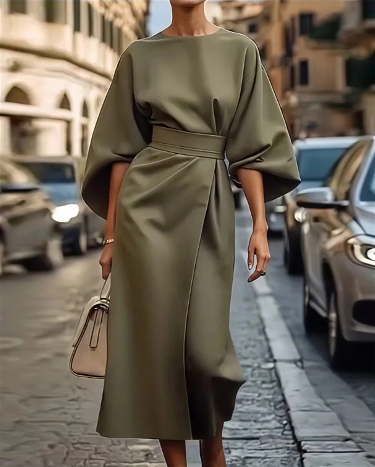 NOUVEAU RICHE Elegante Damen Midikleid A Linie Taillengürtel Glockenärmel Armeegrün