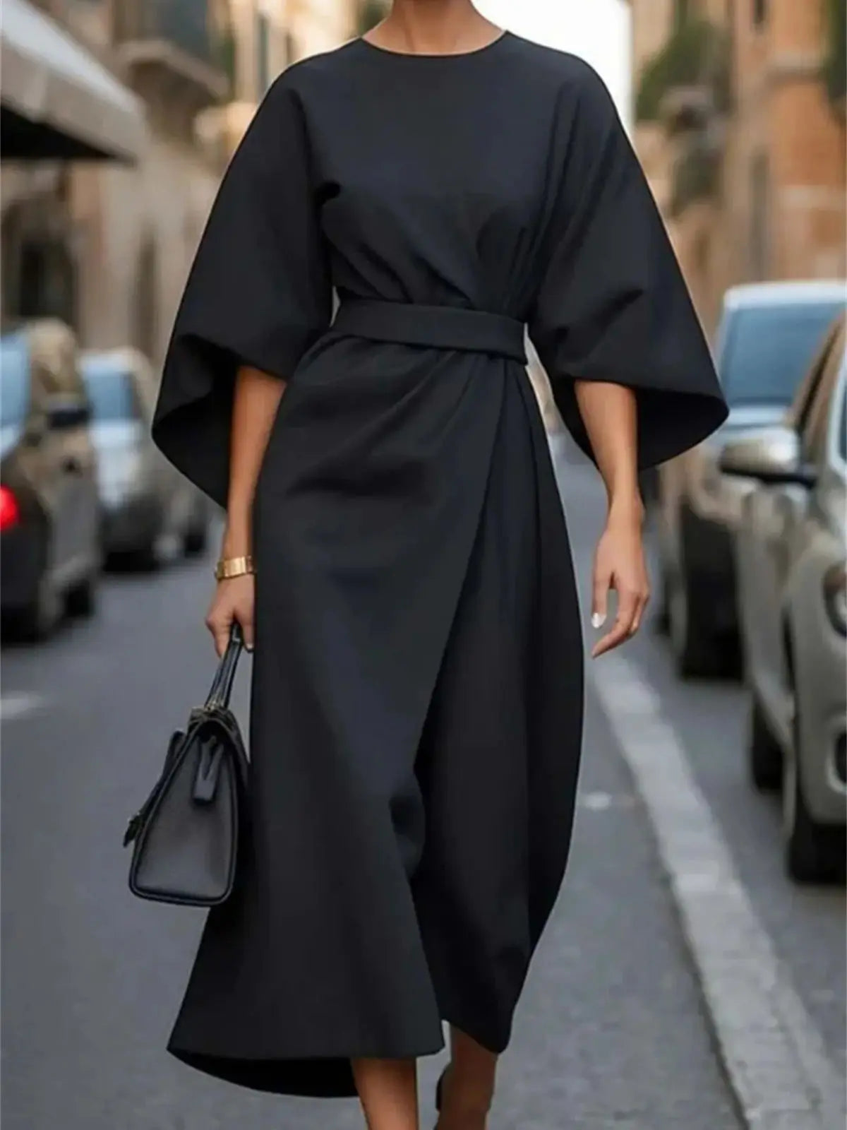 NOUVEAU RICHE Elegante Damen Midikleid A Linie Taillengürtel Glockenärmel