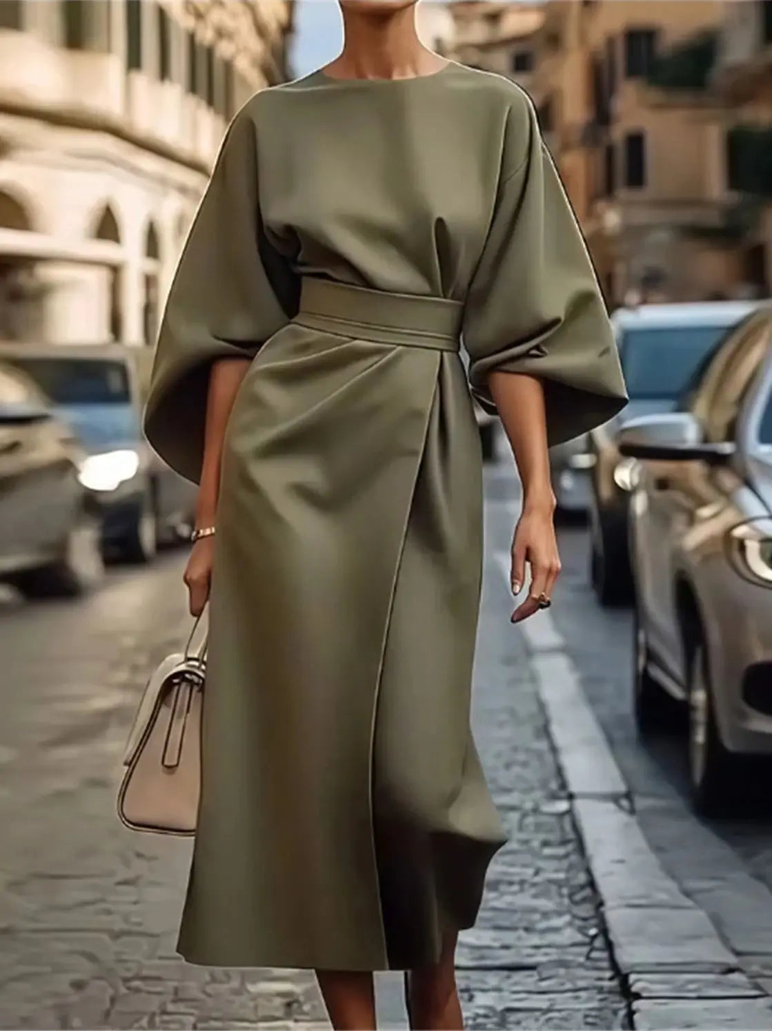 NOUVEAU RICHE Elegante Damen Midikleid A Linie Taillengürtel Glockenärmel