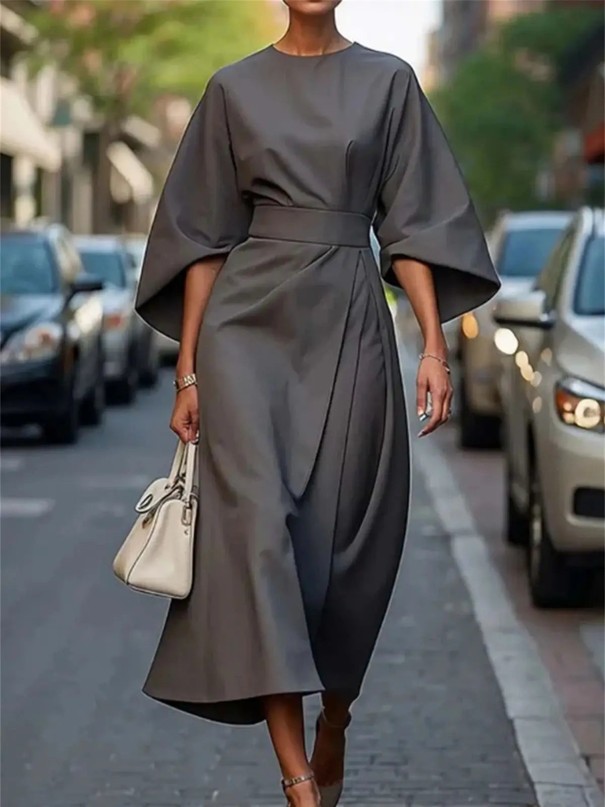 NOUVEAU RICHE Elegante Damen Midikleid A Linie Taillengürtel Glockenärmel