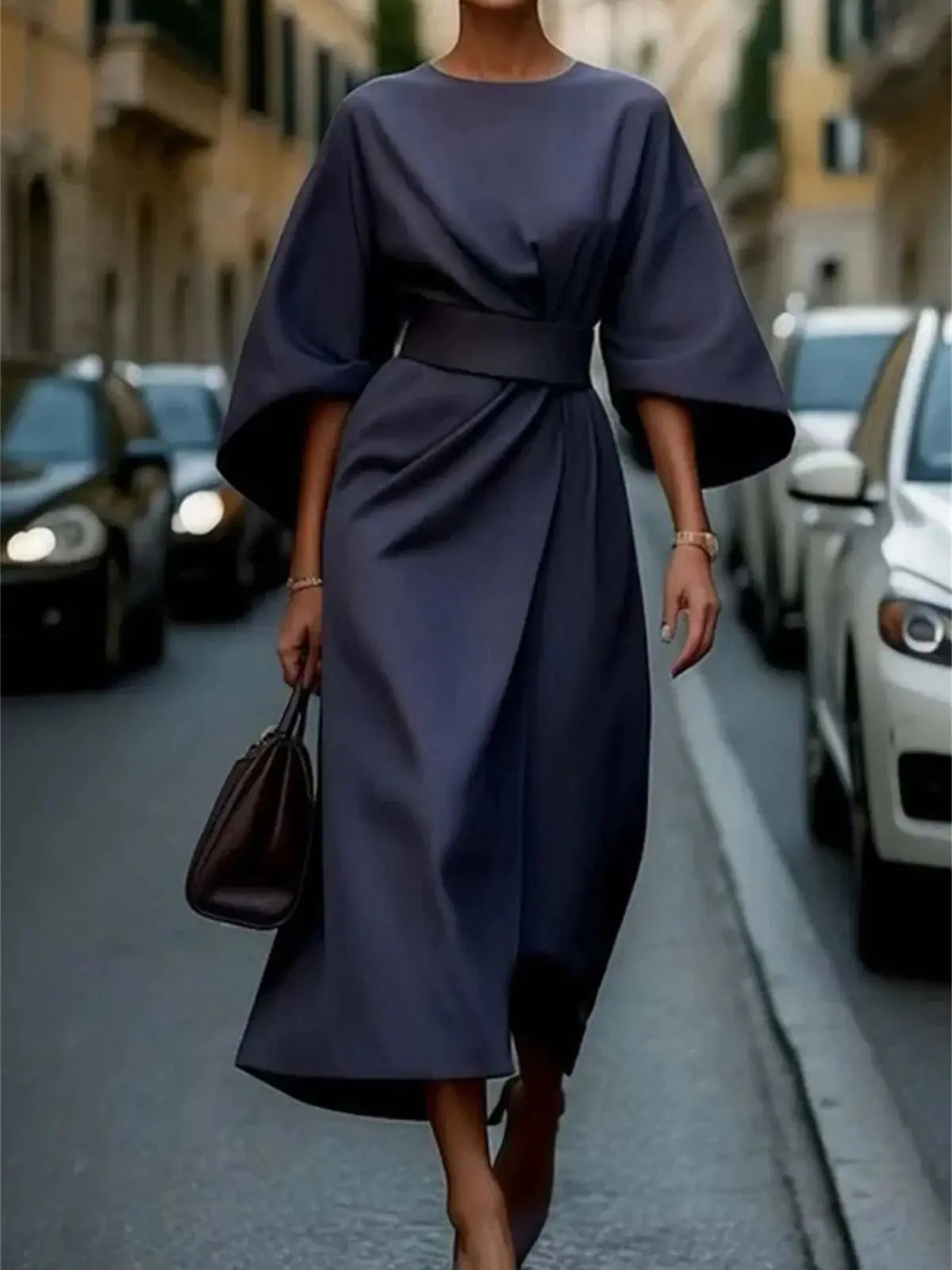 NOUVEAU RICHE Elegante Damen Midikleid A Linie Taillengürtel Glockenärmel