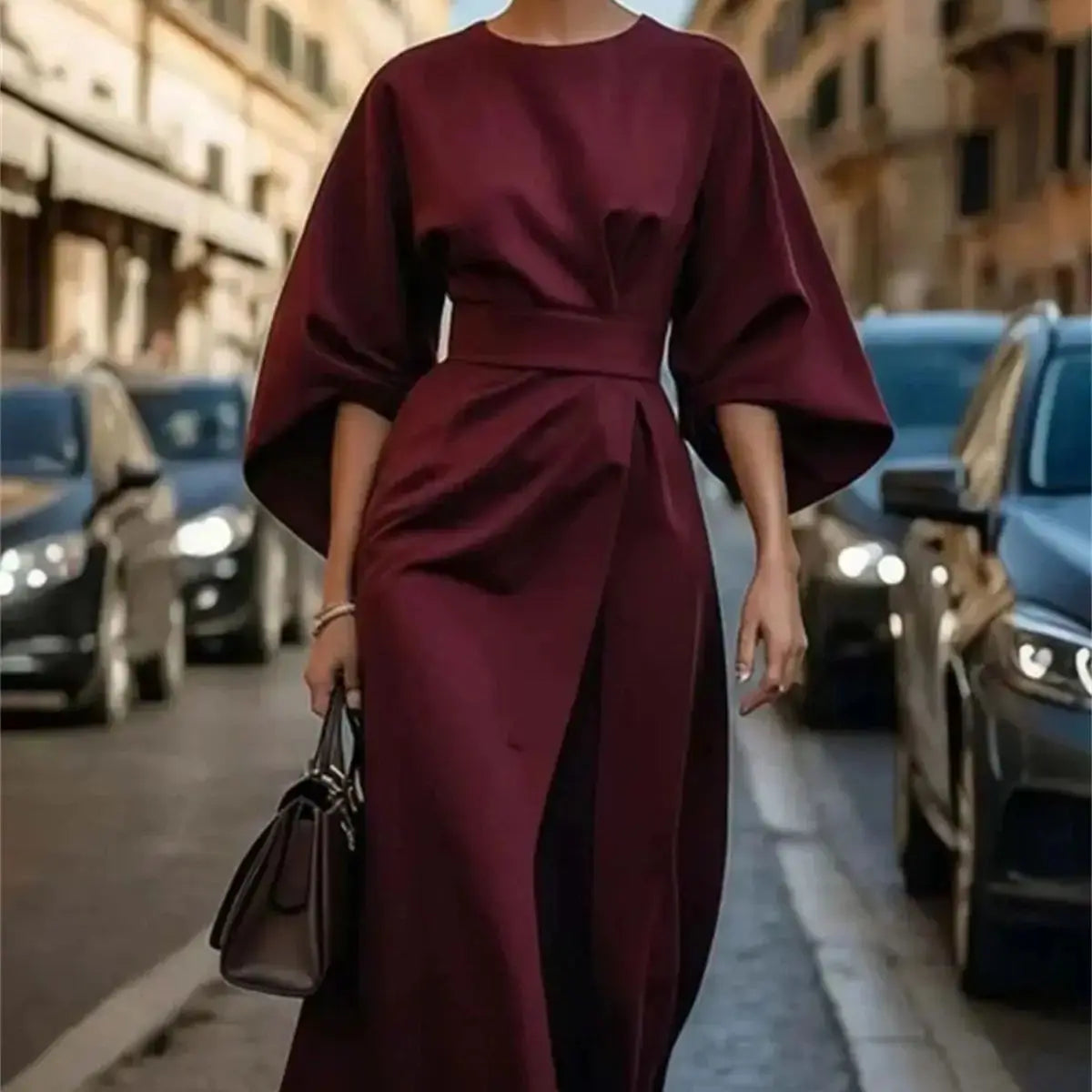 NOUVEAU RICHE Elegante Damen Midikleid A Linie Taillengürtel Glockenärmel
