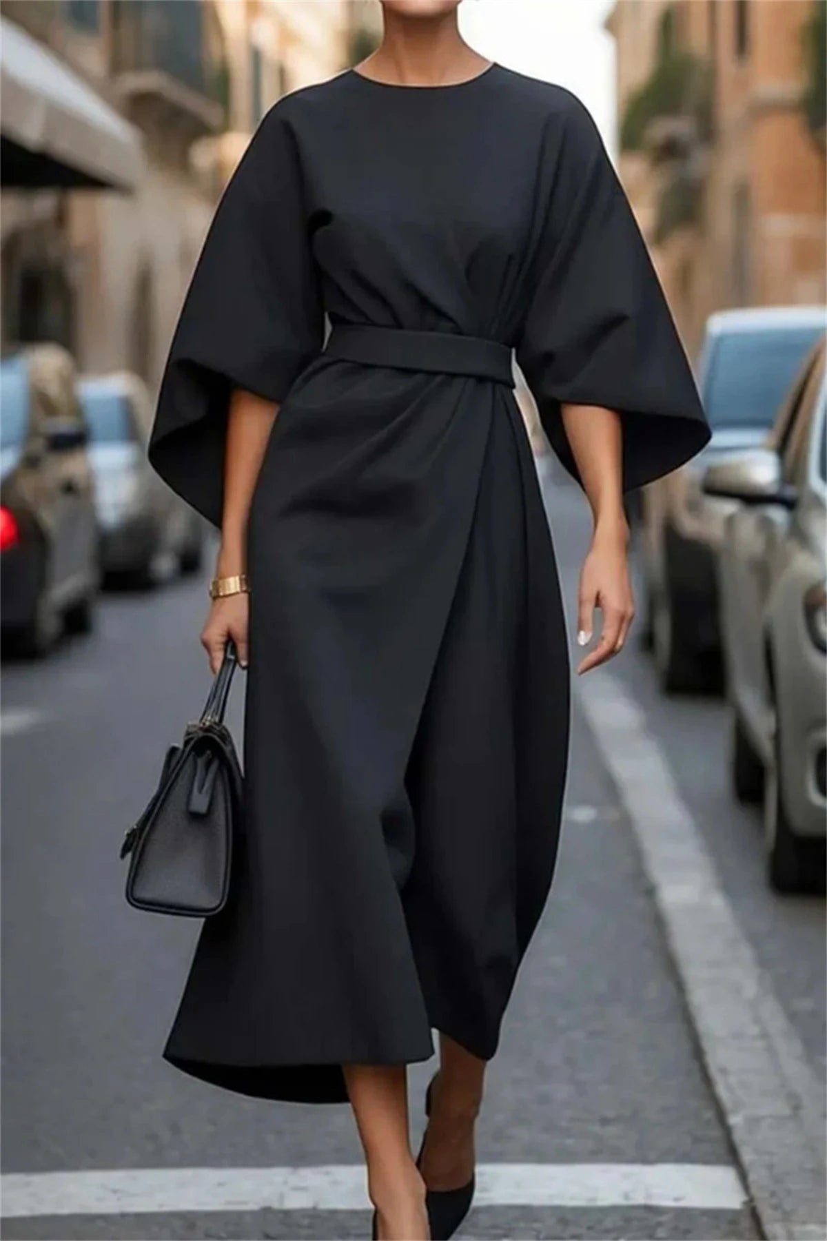 NOUVEAU RICHE Elegante Damen Midikleid A Linie Taillengürtel Glockenärmel Schwarz