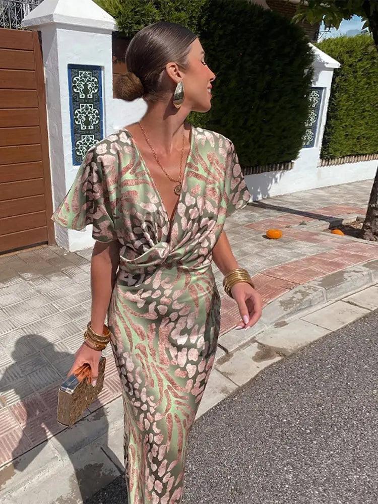 NOUVEAU RICHE Elegantes Blumenmuster Midikleid V Ausschnitt Plissiert