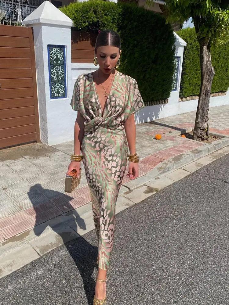NOUVEAU RICHE Elegantes Blumenmuster Midikleid V Ausschnitt Plissiert Olivgrün