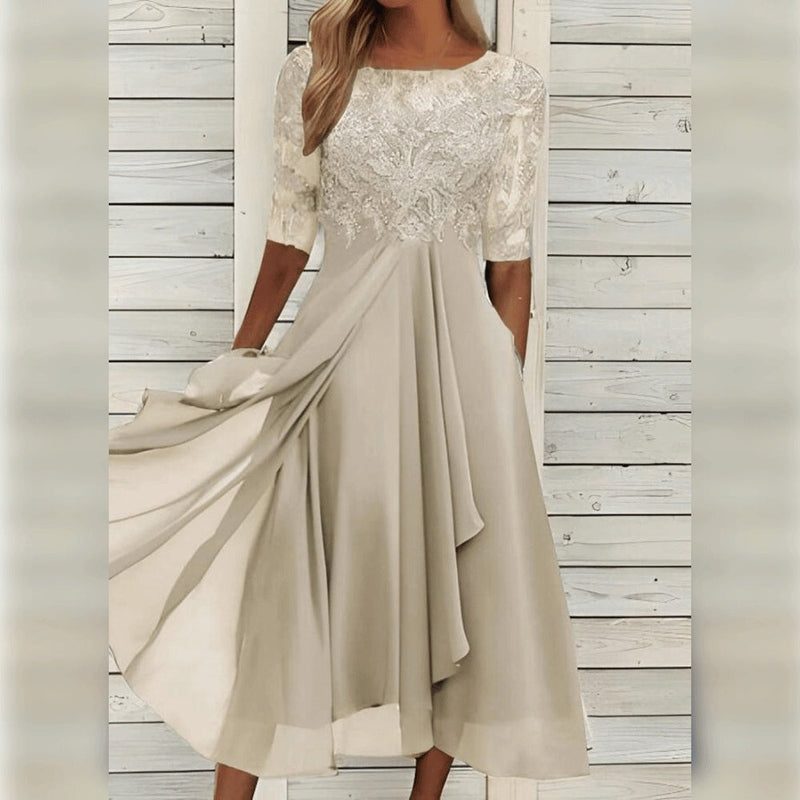 NOUVEAU RICHE Elegantes Spitzen-Chiffon-Midikleid Mit Halben Ärmeln Beige