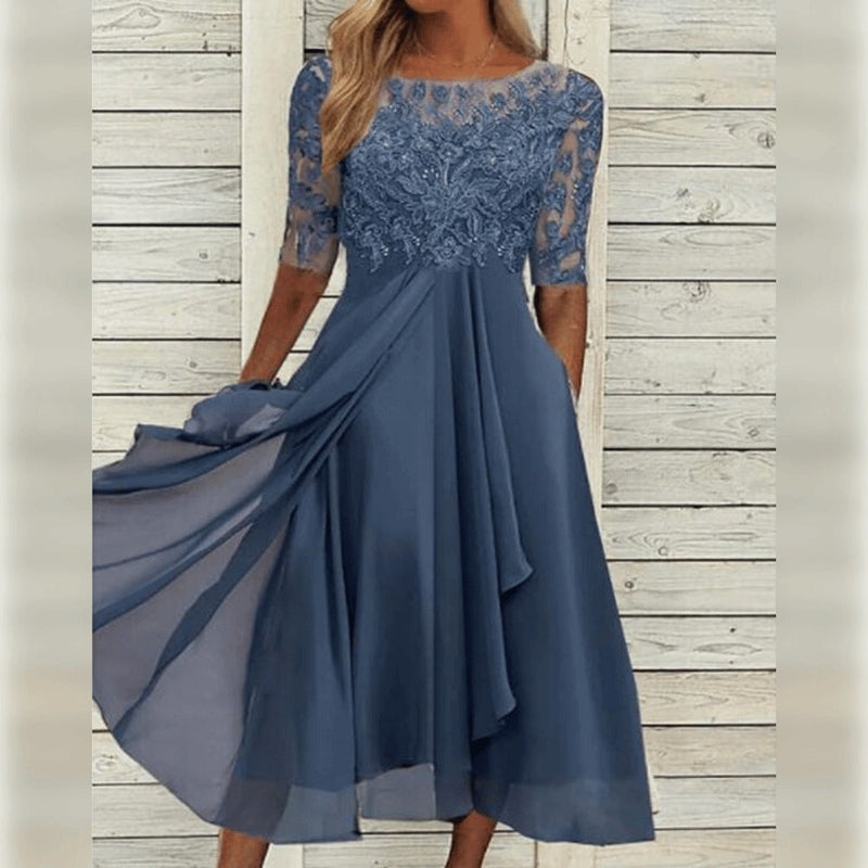 NOUVEAU RICHE Elegantes Spitzen-Chiffon-Midikleid Mit Halben Ärmeln Blau