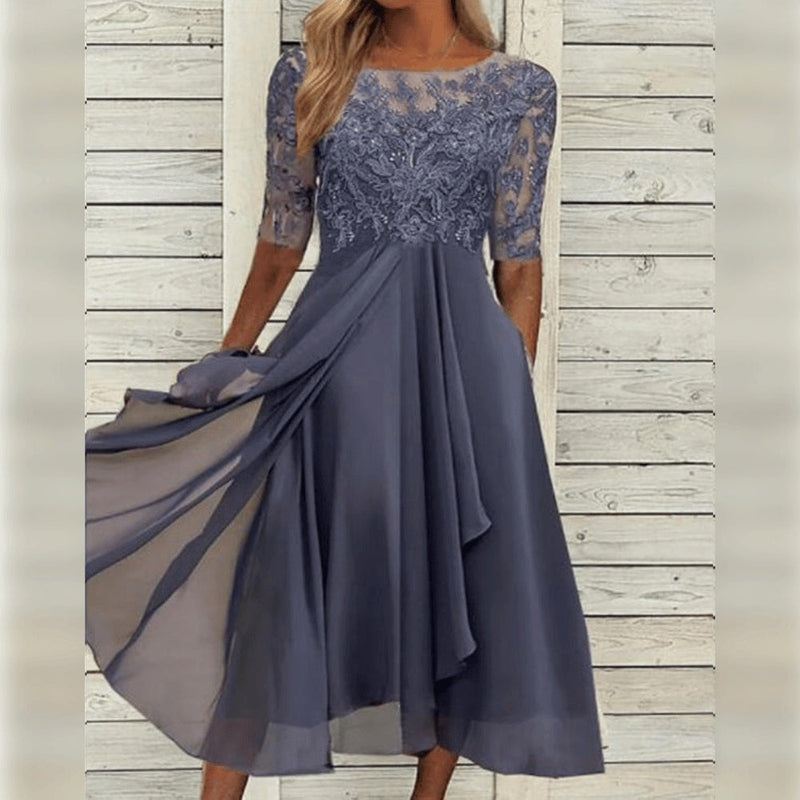 NOUVEAU RICHE Elegantes Spitzen-Chiffon-Midikleid Mit Halben Ärmeln Grau