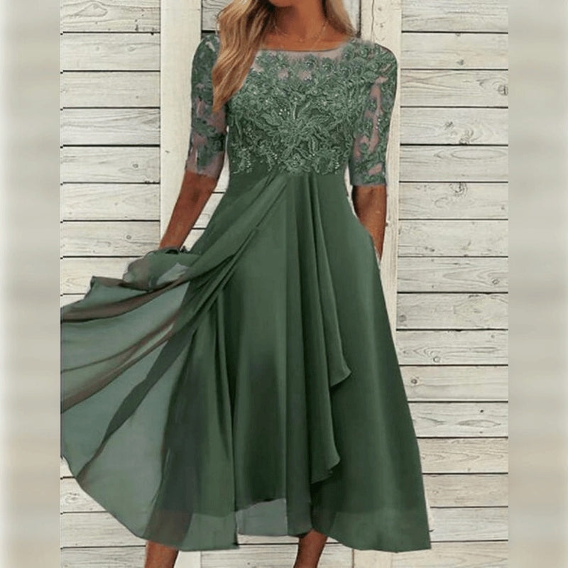 NOUVEAU RICHE Elegantes Spitzen-Chiffon-Midikleid Mit Halben Ärmeln Grün