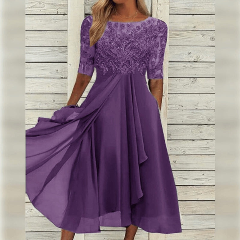 NOUVEAU RICHE Elegantes Spitzen-Chiffon-Midikleid Mit Halben Ärmeln Lila