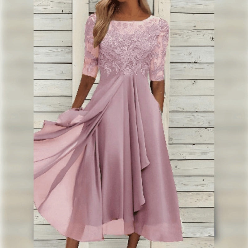NOUVEAU RICHE Elegantes Spitzen-Chiffon-Midikleid Mit Halben Ärmeln Rosa