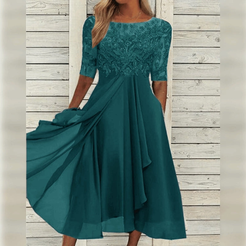 NOUVEAU RICHE Elegantes Spitzen-Chiffon-Midikleid Mit Halben Ärmeln Türkis