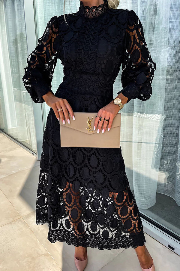 NOUVEAU RICHE Elegantes Spitzen-Midi-Kleid Mit Hohem Kragen Und Puffärmel