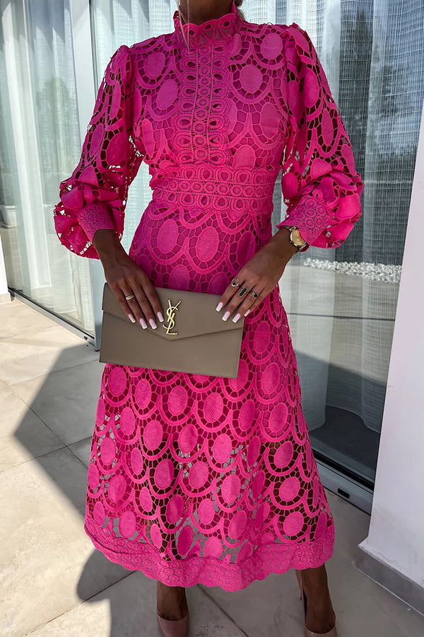 NOUVEAU RICHE Elegantes Spitzen-Midi-Kleid Mit Hohem Kragen Und Puffärmel