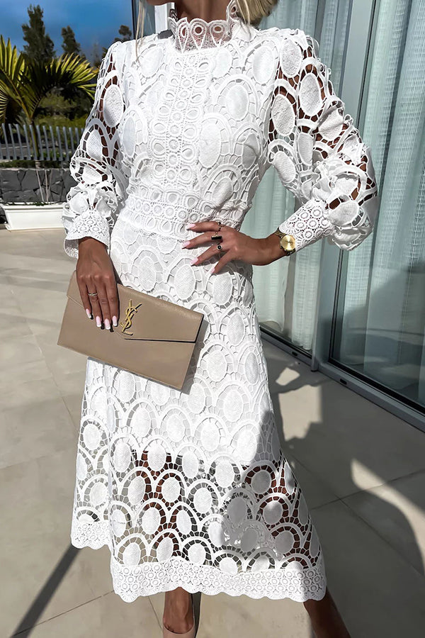 NOUVEAU RICHE Elegantes Spitzen-Midi-Kleid Mit Hohem Kragen Und Puffärmel Weiß