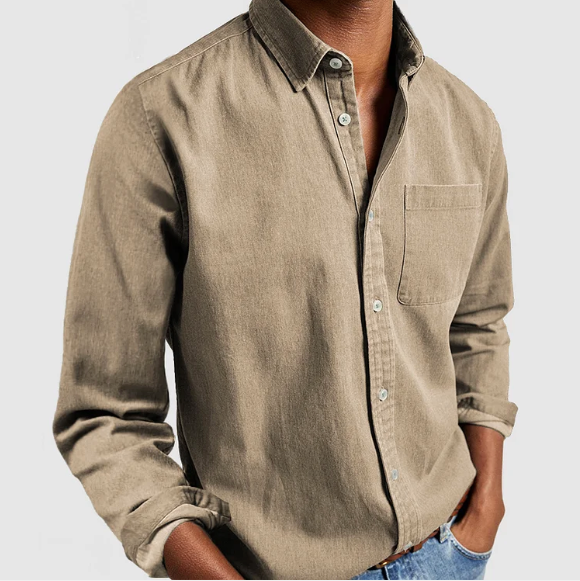 NOUVEAU RICHE Herren Freizeit Denim Hemd Weicher Baumwollmix Alltagslook Beige