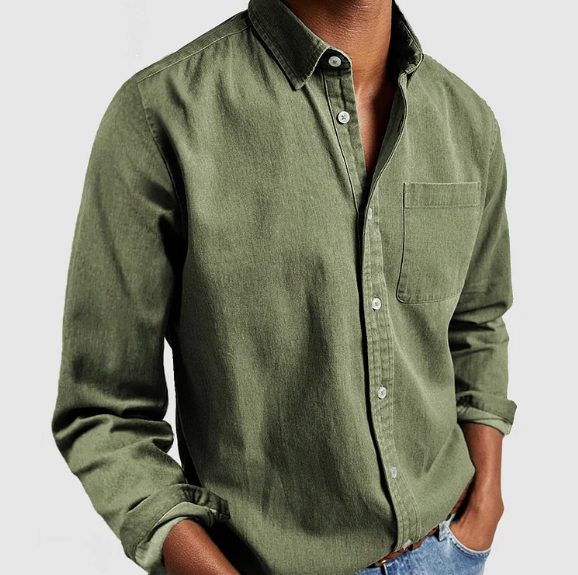 NOUVEAU RICHE Herren Freizeit Denim Hemd Weicher Baumwollmix Alltagslook Grün