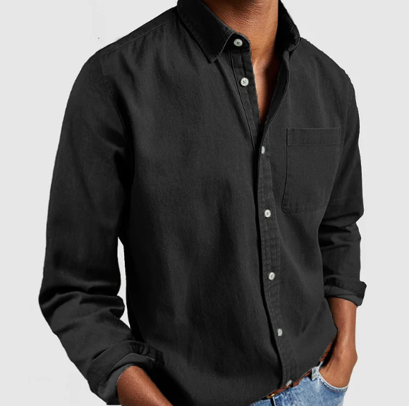 NOUVEAU RICHE Herren Freizeit Denim Hemd Weicher Baumwollmix Alltagslook Schwarz