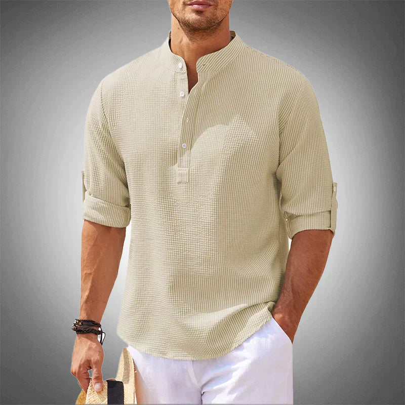 NOUVEAU RICHE Herren Freizeit Henley Shirt Leicht Atmungsaktiv Bequem Beige