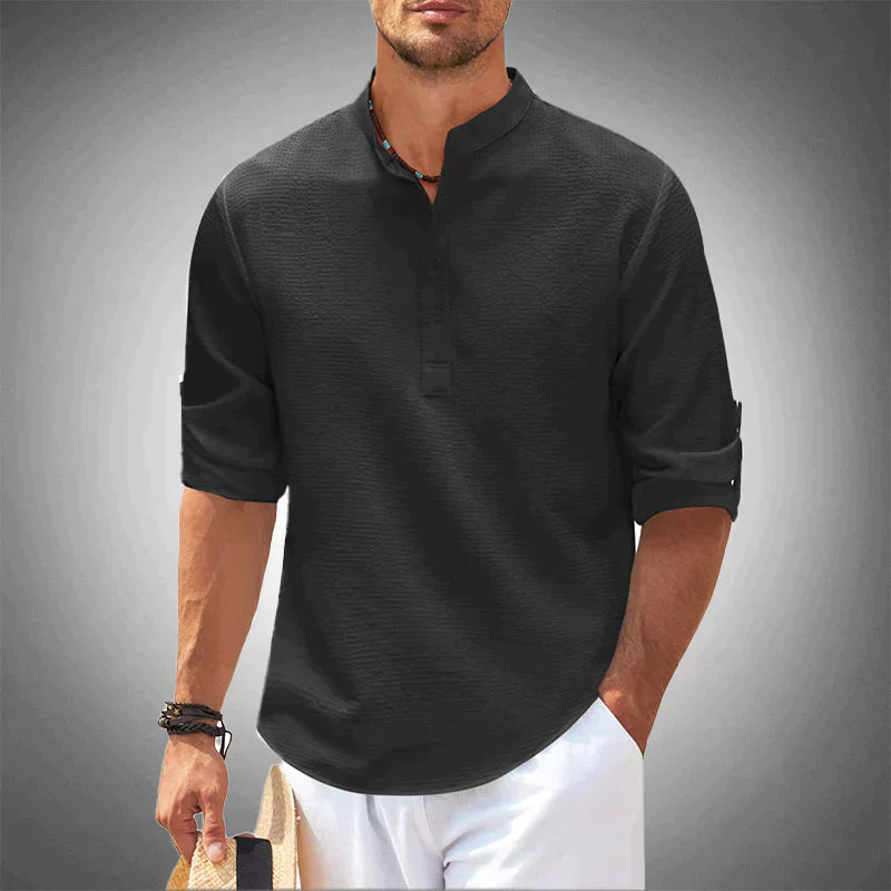 NOUVEAU RICHE Herren Freizeit Henley Shirt Leicht Atmungsaktiv Bequem Schwarz