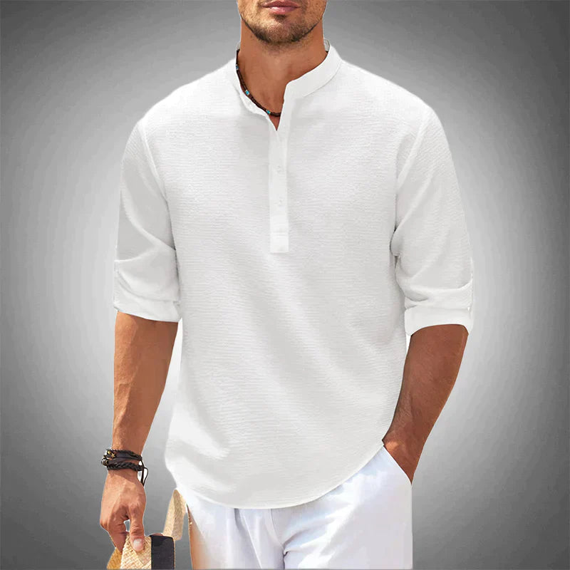 NOUVEAU RICHE Herren Freizeit Henley Shirt Leicht Atmungsaktiv Bequem Weiß