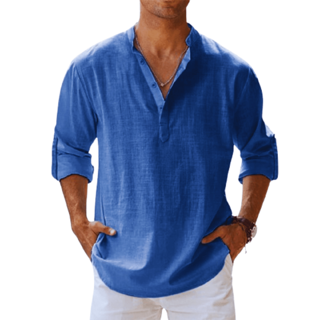 NOUVEAU RICHE Herren Henley Shirt Leinenmischung Langarm Freizeitkleidung Blau