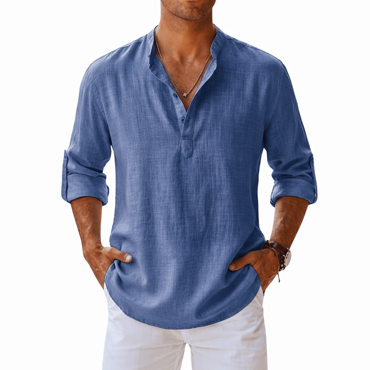 NOUVEAU RICHE Herren Henley Shirt Leinenmischung Langarm Freizeitkleidung Blau