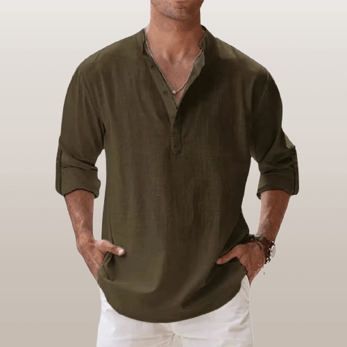 NOUVEAU RICHE Herren Henley Shirt Leinenmischung Langarm Freizeitkleidung Dunkelgrün