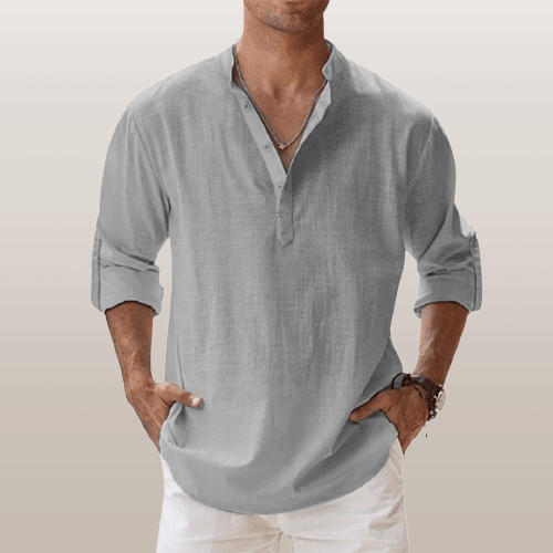 NOUVEAU RICHE Herren Henley Shirt Leinenmischung Langarm Freizeitkleidung Grau
