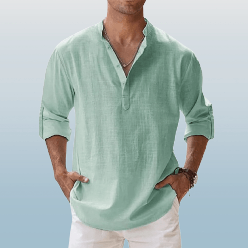 NOUVEAU RICHE Herren Henley Shirt Leinenmischung Langarm Freizeitkleidung Grün