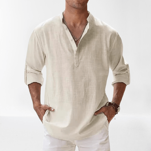 NOUVEAU RICHE Herren Henley Shirt Leinenmischung Langarm Freizeitkleidung Hellbeige