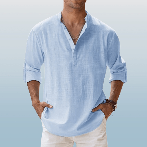 NOUVEAU RICHE Herren Henley Shirt Leinenmischung Langarm Freizeitkleidung Hellblau