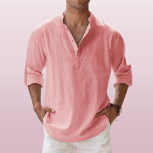 NOUVEAU RICHE Herren Henley Shirt Leinenmischung Langarm Freizeitkleidung Hellrosa