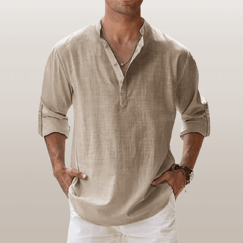 NOUVEAU RICHE Herren Henley Shirt Leinenmischung Langarm Freizeitkleidung Khaki