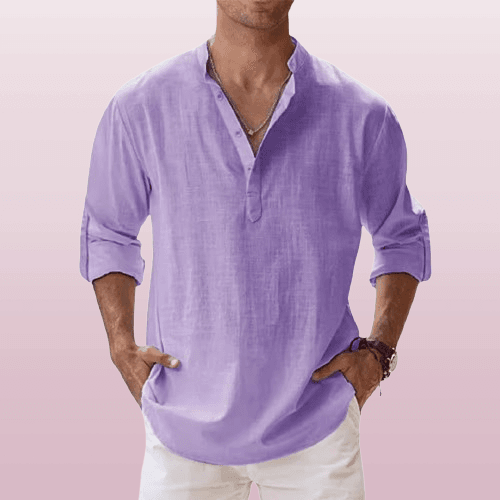 NOUVEAU RICHE Herren Henley Shirt Leinenmischung Langarm Freizeitkleidung Lila