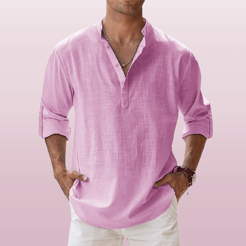NOUVEAU RICHE Herren Henley Shirt Leinenmischung Langarm Freizeitkleidung Rosa