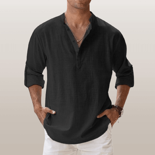NOUVEAU RICHE Herren Henley Shirt Leinenmischung Langarm Freizeitkleidung Schwarz
