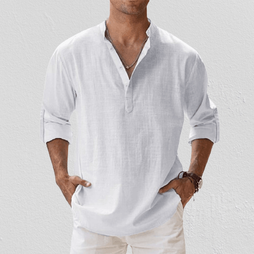 NOUVEAU RICHE Herren Henley Shirt Leinenmischung Langarm Freizeitkleidung Weiß