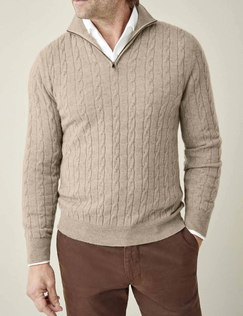 NOUVEAU RICHE Herren Kabelstrick Pullover Mit Reißverschluss Winterwarm Beige