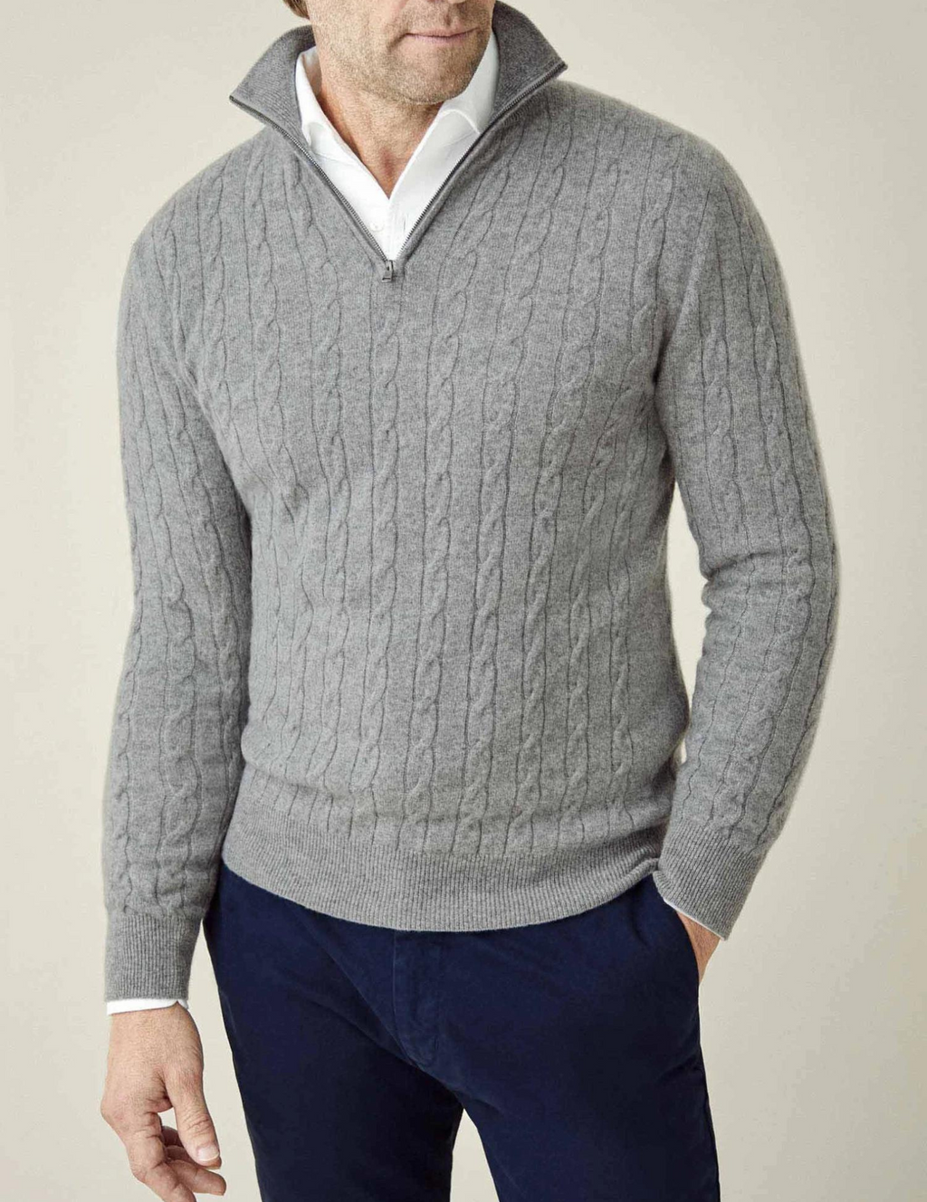 NOUVEAU RICHE Herren Kabelstrick Pullover Mit Reißverschluss Winterwarm Grau